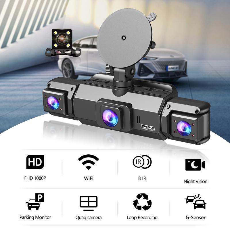 4-Channel Car Dash Cam, 1080P Car DVR with 64GB Memory Card, Night Vision Vehicle Surveillance, 24/7 Parking Mode, HD Screen, Front/Rear/Left/Right Dashcam