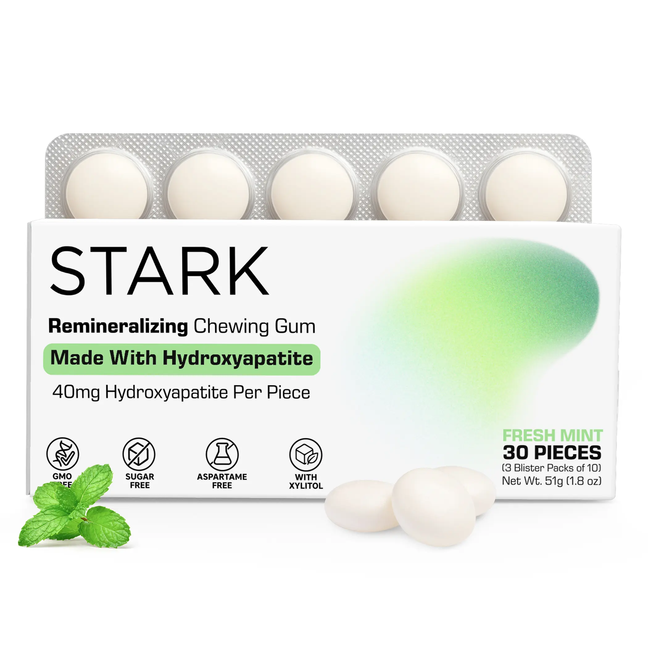 STARK LABS - Remineralizing Refreshing Chewing Gum | Hydroxyapatite & Xylitol | Sugar Free Aspartame Free - Mint Flavor Gum | Oral Care Gum - Enamel Support & Fresh Breath | Smooth Chew Natural Gum | Daily Use & Travel Friendly | 30 Pieces