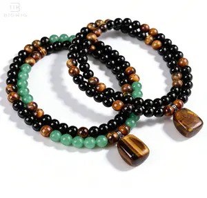 2 Piece Money Attraction Necklace for Men Women,Retro Natural Tiger's Eye Pendant Crystal Beaded Necklace,Ideal Gift Jewelry for Yoga,Meditation,Daily Wear,Vacation &Theme Parties Charms Abundance Bracelet,Long Chain,Mother's Day Gift