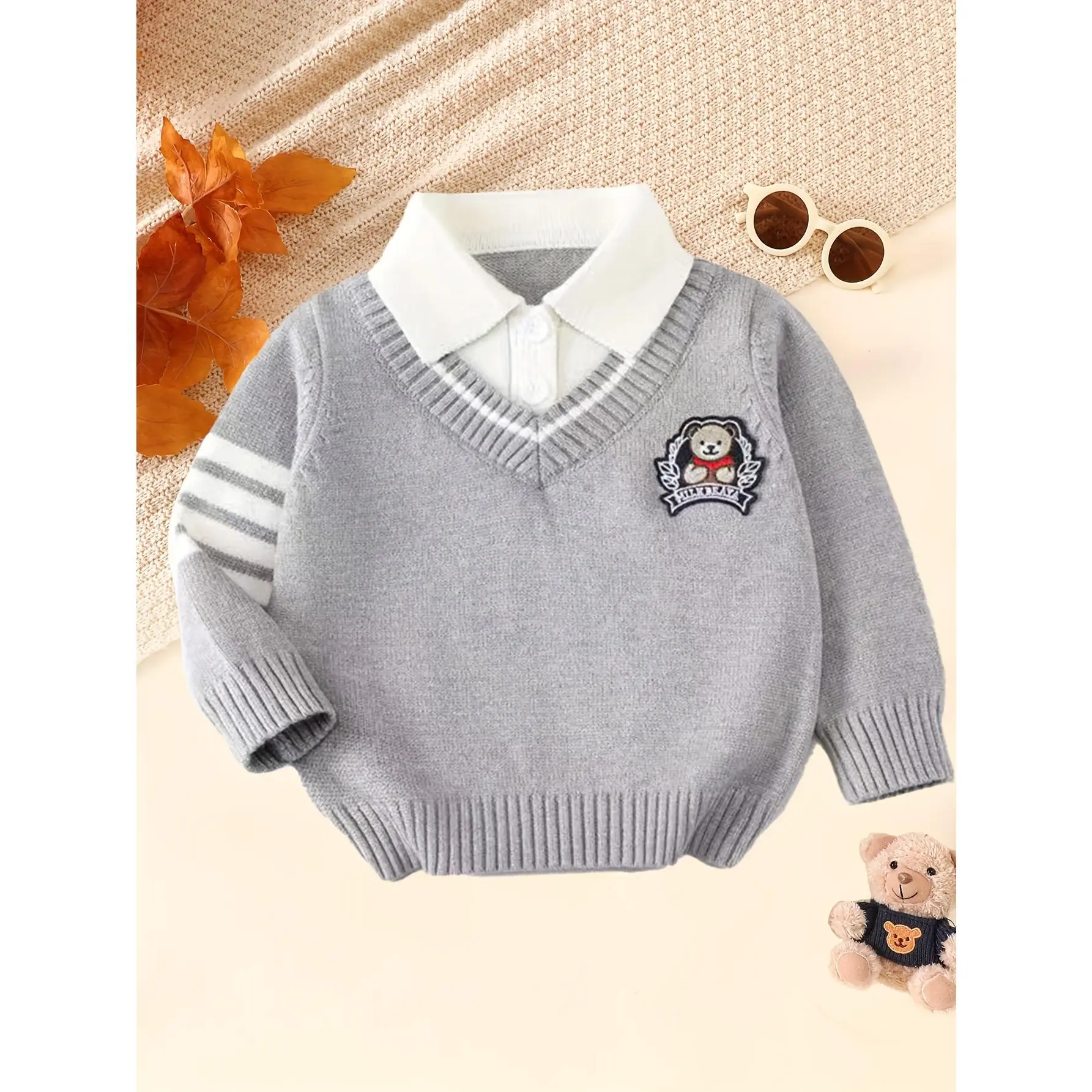 Boys and Girls Classic Collar Academy Style Sweater Faux Two-Piece Lapel New Autumn Winter Long Sleeve Top Soft Warm Solid Color Regular Fit Suitable for Campus and Daily Wear Comfortable Texture