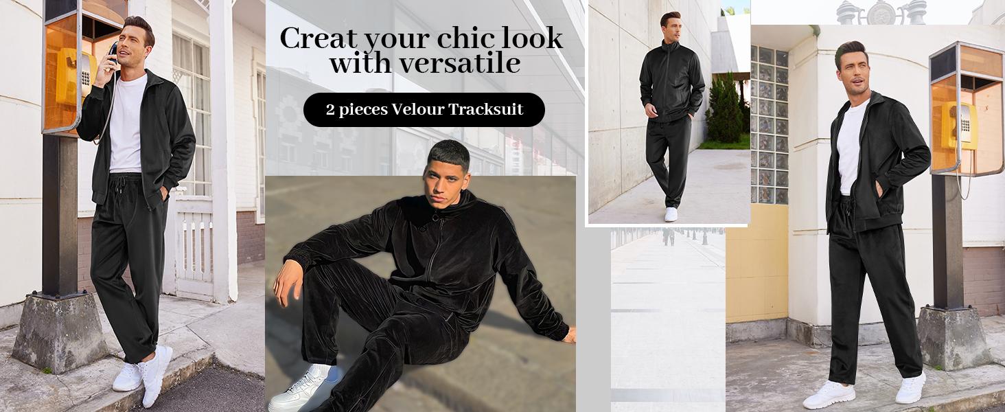 COOFANDY Mens 2 Piece Velour Tracksuit Full Zip Jackets Pants Velvet Jogging Suits Sweatsuit Set