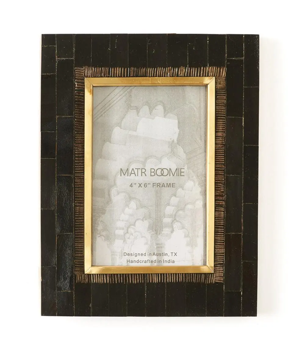 Andhera 4x6 Black Picture Frame - Hand Carved Horn, Brass Inlay