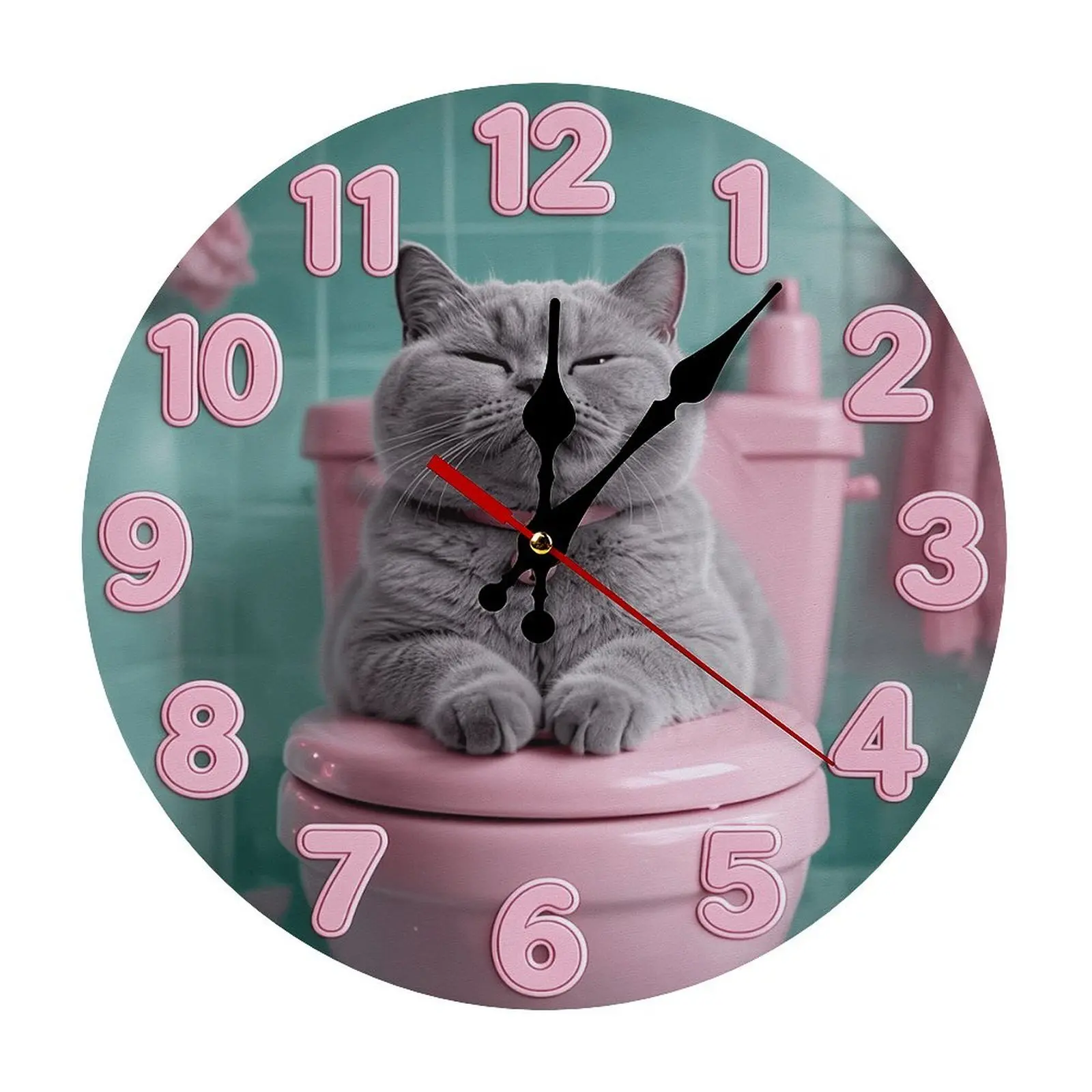 30cm Silent Non-Ticking Bathroom Wall Clock, Gray Cat Sitting on Pink Toilet Decorative Clock for Restroom, Washroom, Powder Room, Funny Cat Themed Home Decor
