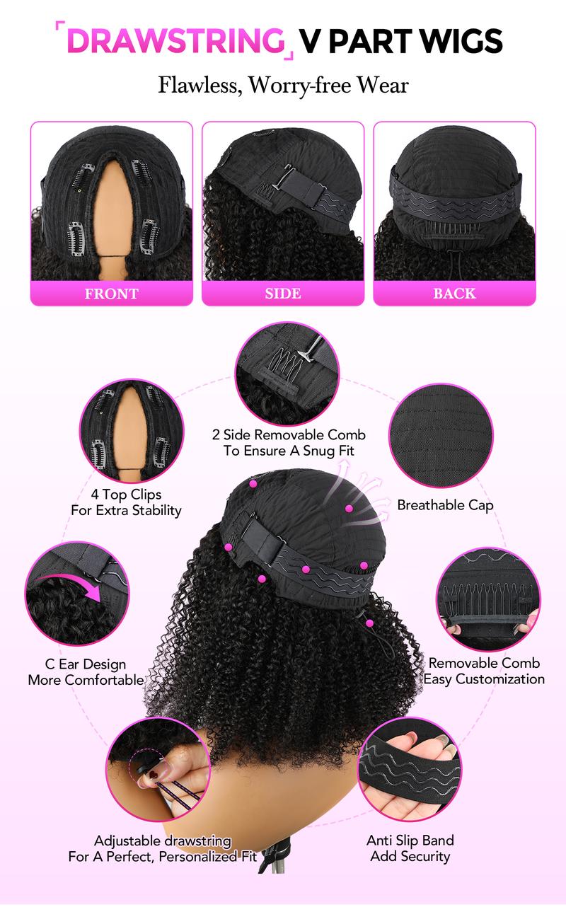 Vshow Kinky Curly Hair V Part Human Hair Wig With Drawstring All Size Fit 250% Density Glueless V Part Wig For Black Women Natural Blend Kinky Curly Wigs #springfresh