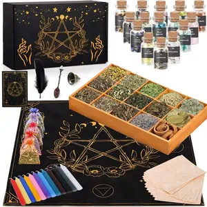 64pcs Magical Kit - 15pcs of Crystals, 15pcs of Herbs And Flowers, 12pcs of Colorful Candles, 1pc of Crystal Spoon, 1 Black Feather, 1 Bell for Beginners, Pagan Rituals, Spells, Soap, Perfums, Bath Ball Weddingscented Fragrance Home Decoration