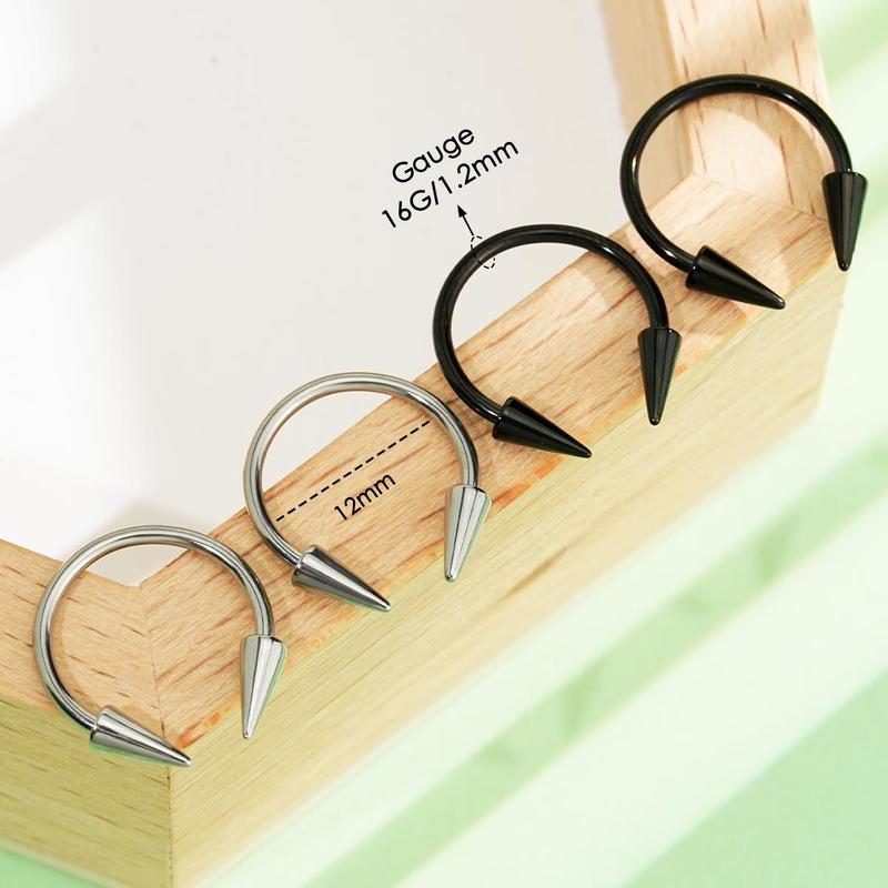 Oufer 16G 4PCS Long Spike Septum Piercing Ring Helix Horseshoe Ring Balck Silver Inner Diameter 8mm 10mm 12mm