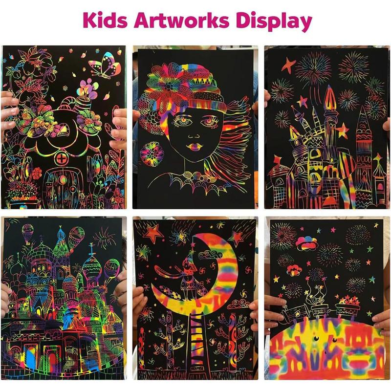 50 Pcs Scratch Art for Kids, Rainbow Scratch Paper, Black Magic Scratch Off Craft Set for 3 4 5 6 7 8 9 10 Years Old Girls and Boys Kids, Party Games Christmas Birthday Easter Gifts