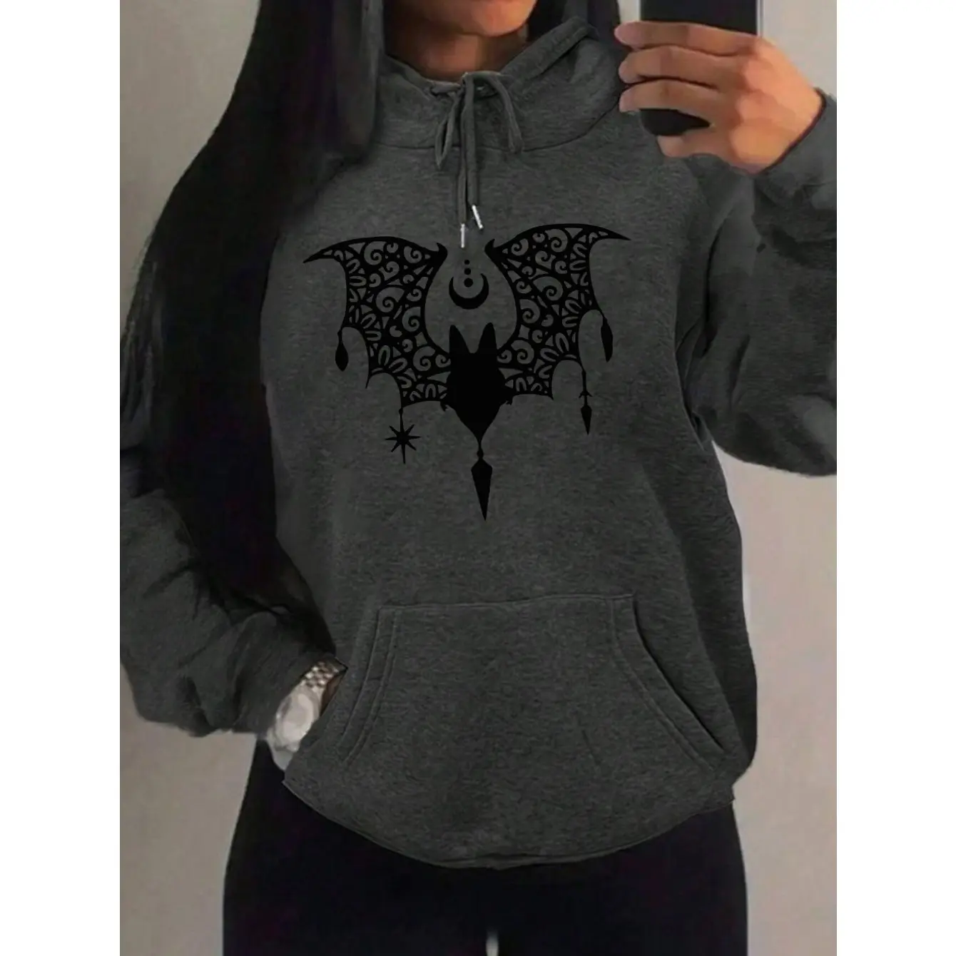 Women's Gothic Bat Print Longsleeves Hoodie - Fitted Soft Cotton Blend Casual Unisex Streetwear Sweatshirts with Spider Web Graphic, Trendy Gothic Clothes (Sizes S, M, L)