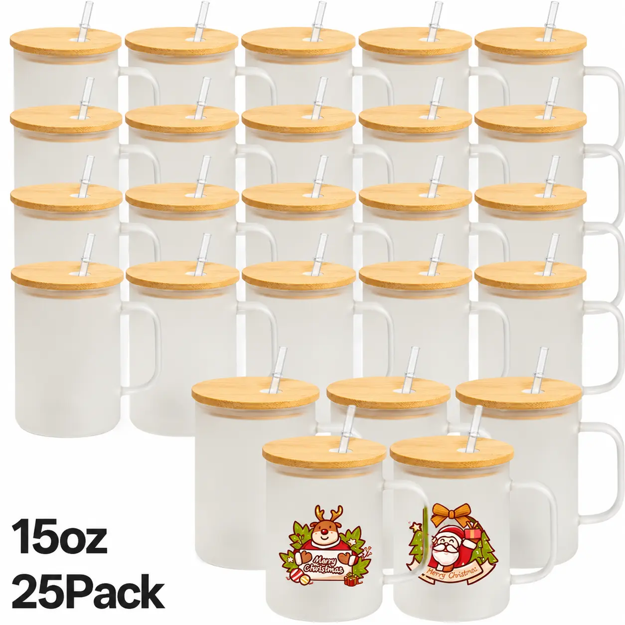 25pcs 15oz Blank sublimation Frosted clear Glass Mugs  with Handles, Travel Coffee Drinkware Tumbler Bamboo Lids and Straws Suitable for Holiday Gifts