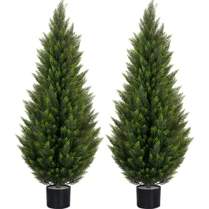 ROMSWI 5FT Tall Artificial Cedar Topiary Tree in Pot UV-Resistant, Commercial-Grade Wind-Proof Faux Pine for All-Season Porch & Entryway Decor 2Pack