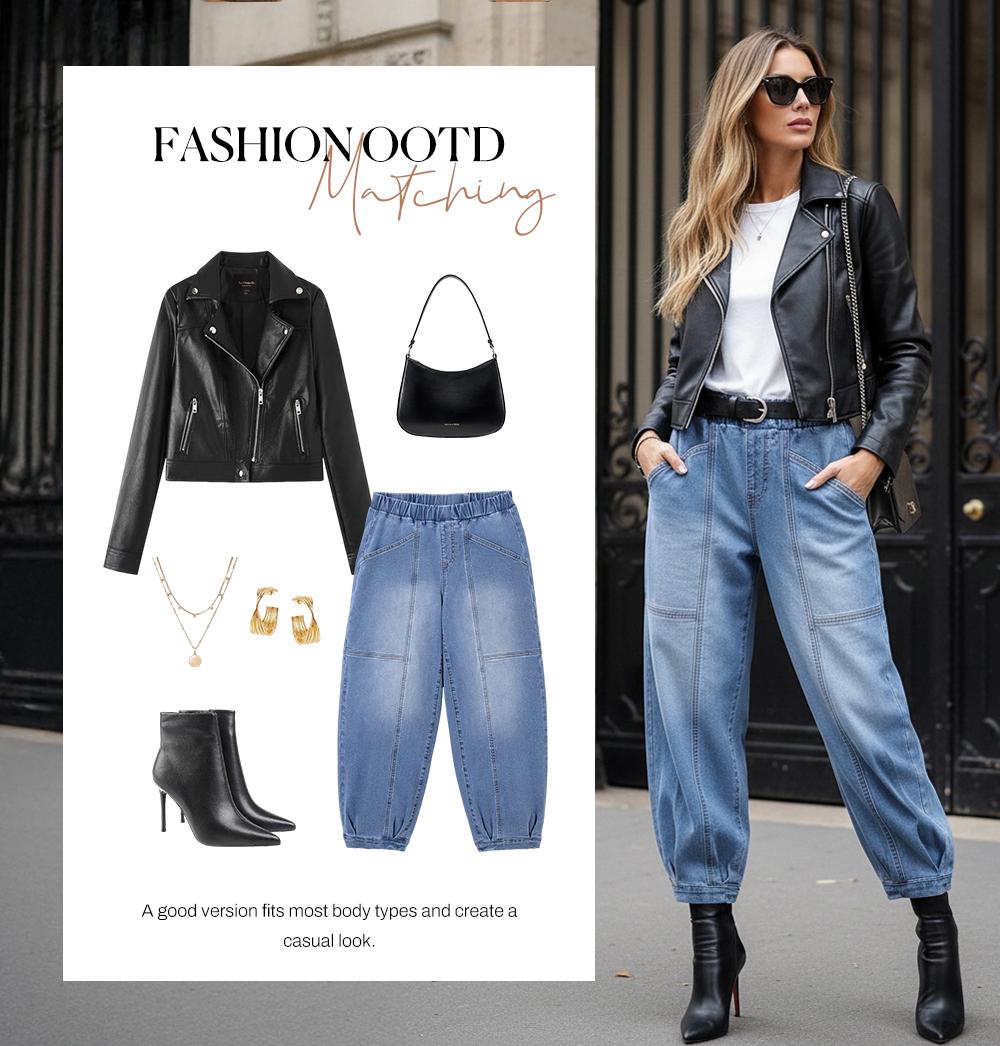 Sidefeel Barrel Jeans for Women Trendy Wide Leg High Waisted Cropped Baggy Relax Fit Stretch Pocketed Denim Ankle