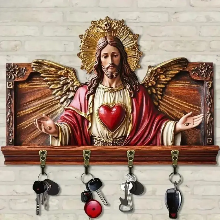 Decorative Wood Wall Mounted Hanger with a Golden Mary Figure, Religious Art Key Rack with 4 Hooks for Entryway - Home Supplies and Room Accessories, Household, Key Holder, Golden Statue