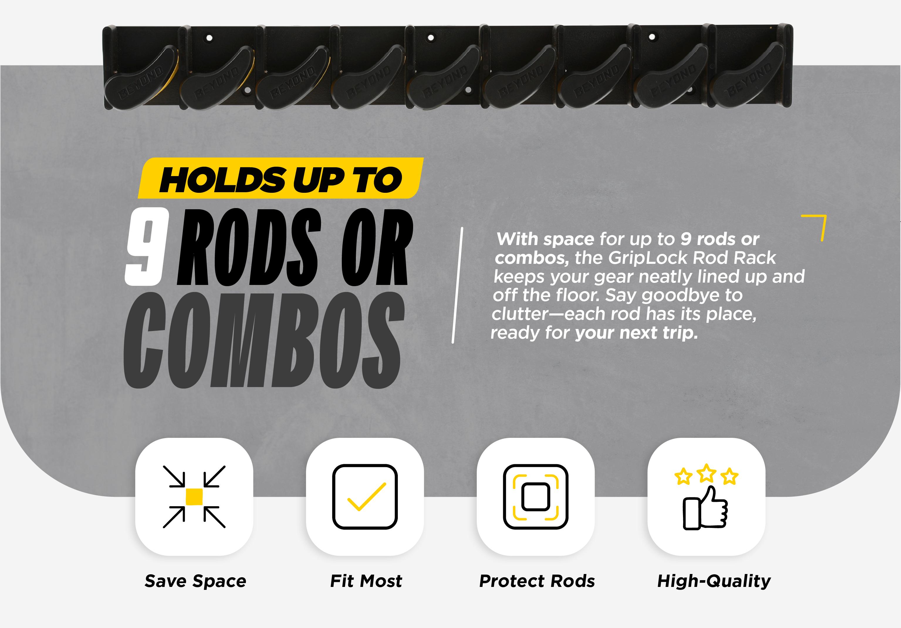 Beyond Fishing GripLock Vertical Fishing Rod Rack – Wall-Mounted Fishing Rod Holder for Garage – Stores Up to 9 Rods or Combos –Space-Saving Durable Fishing Rod Holders for Serious Anglers