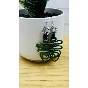 Green Triangle with Black and Silver Earrings Anodized Aluminum Wire with Sterling Silver Ear Wire