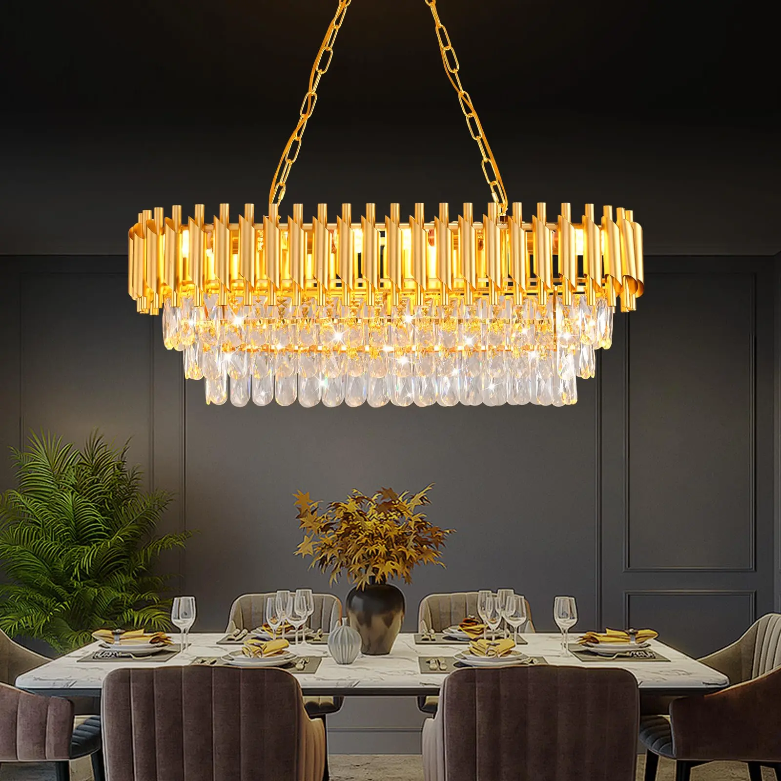 Modern Gold Crystal Chandelier, 3-Tier Raindrop Effect Linear Pendant Light, Dimmable Hanging Fixture for Kitchen Island Dining Room Living Room, Luxury Home Decor, Bulbs Not Included