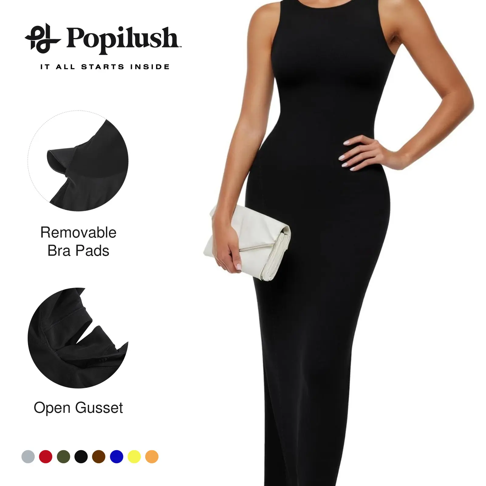 Popilush Sleeveless Crew Neck Maxi Shapewear Dress Casual Womenswear