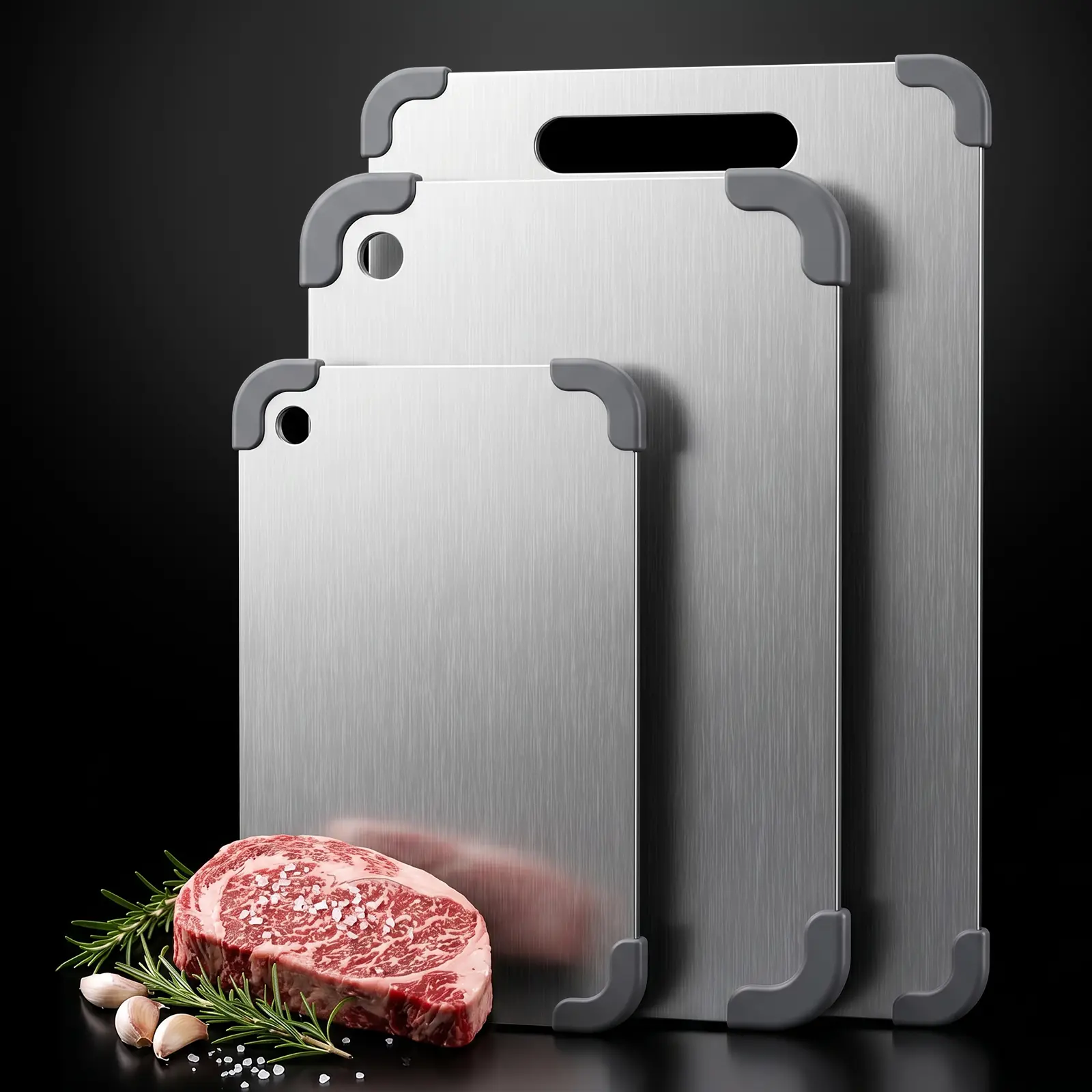 LOVEWE Premium 304 Stainless Steel Cutting Board Set - Sturdy Kitchen Board with Non-Slip Silicone Base, Easy to Rinse and Maintain, 3 Size Options for Daily Use