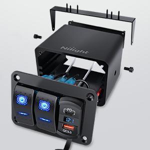 Nilight 2 Gang Rocker Switch Box 12V SPST ON Off Switch PD Type C and QC 3.0 USB Charger Voltmeter Waterproof Aluminum Rocker Switch Panel DIY Stickers for Boats Cars RVs Trucks