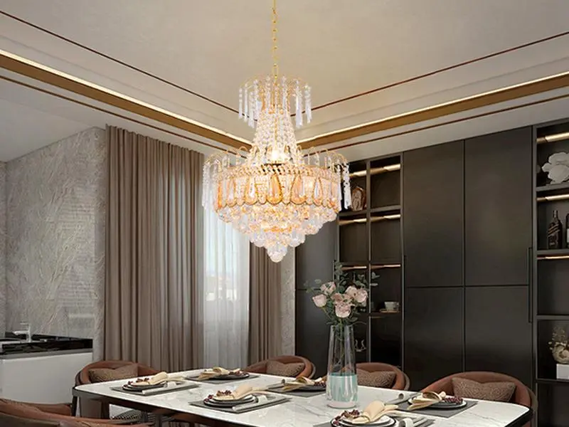 19.5" Golden Crystal Chandelier - European Deluxe 10-Tier Home Ceiling Lighting, Adjustable Length, E12 Base, Wall Controls
