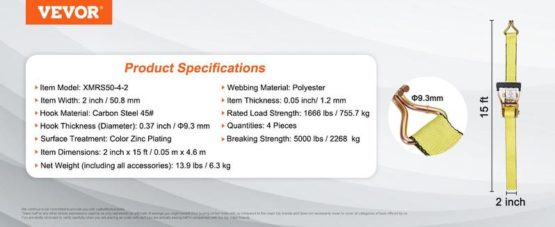 VEVOR Ratchet Tie Down Straps (4PK), 5000 lb Break Strength, Double J Hook Includes 4 Premium 2" x 15' Rachet Tie Downs with Padded Handles, for Moving Securing Cargo, Appliances, Lawn Equipment
