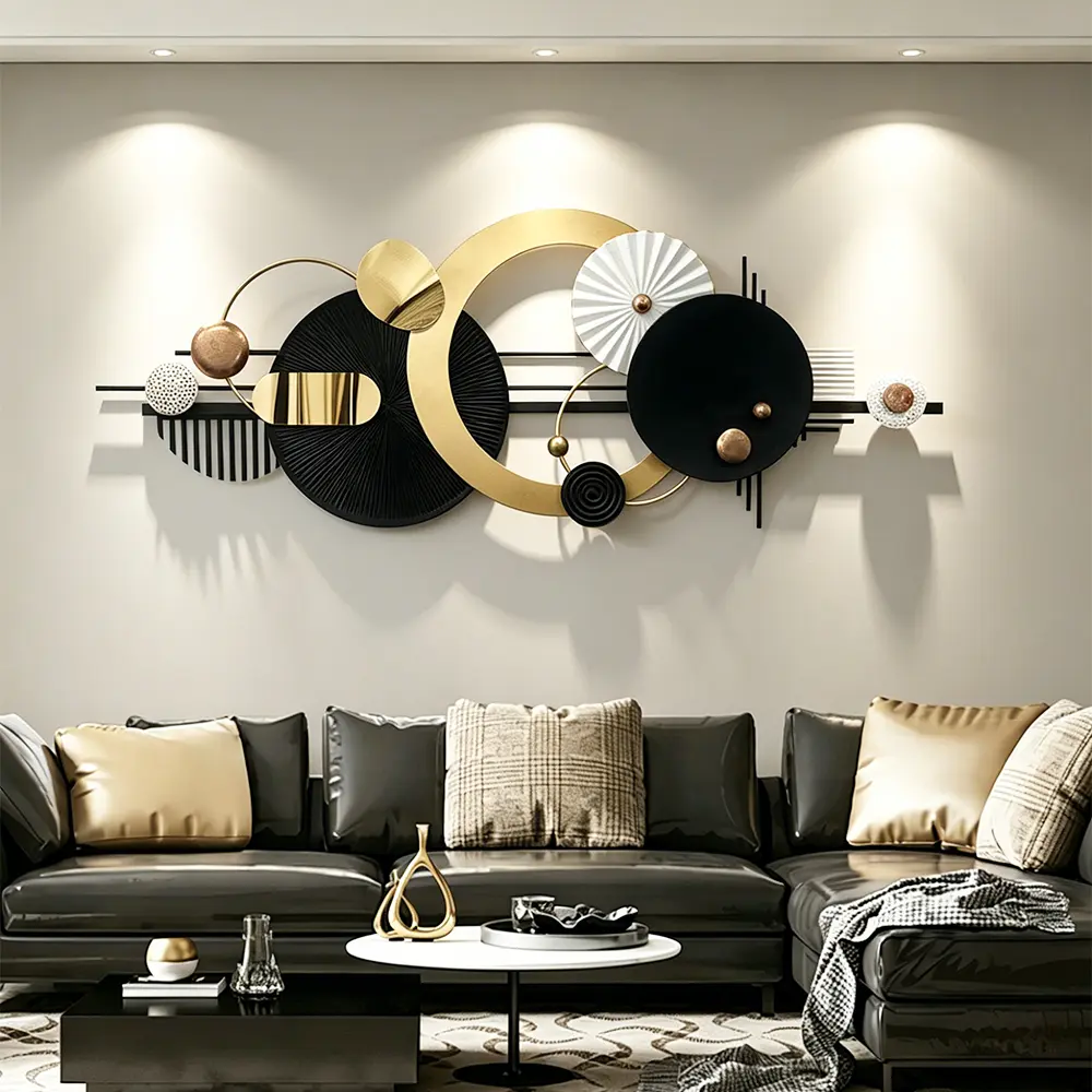 59in Large Modern Abstract Metal Wall Art Decor, Black And Golden Geometric Circles Wall Decoration, Contemporary Home Decor, Circle Hanging Wall Decor for Living Room, Dinning Room, Bedroom, Entryway, Kitchen, Office
