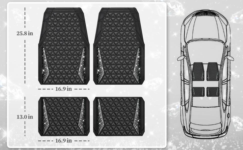 CAR PASS Bling Diamond Rhombus Rubber Leather Car Floor Mats, All-Weather for Car Full Set Durable Anti-Slip, Waterproof Trim Universal Fit,Sedan,SUV,Truck Vehicle Automotive