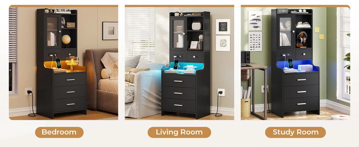 Sikaic LED Tall Nightstand Side Table with Charging Station Drawers Shelves Glass Door Storage Usb Ports Rgb Light Strips