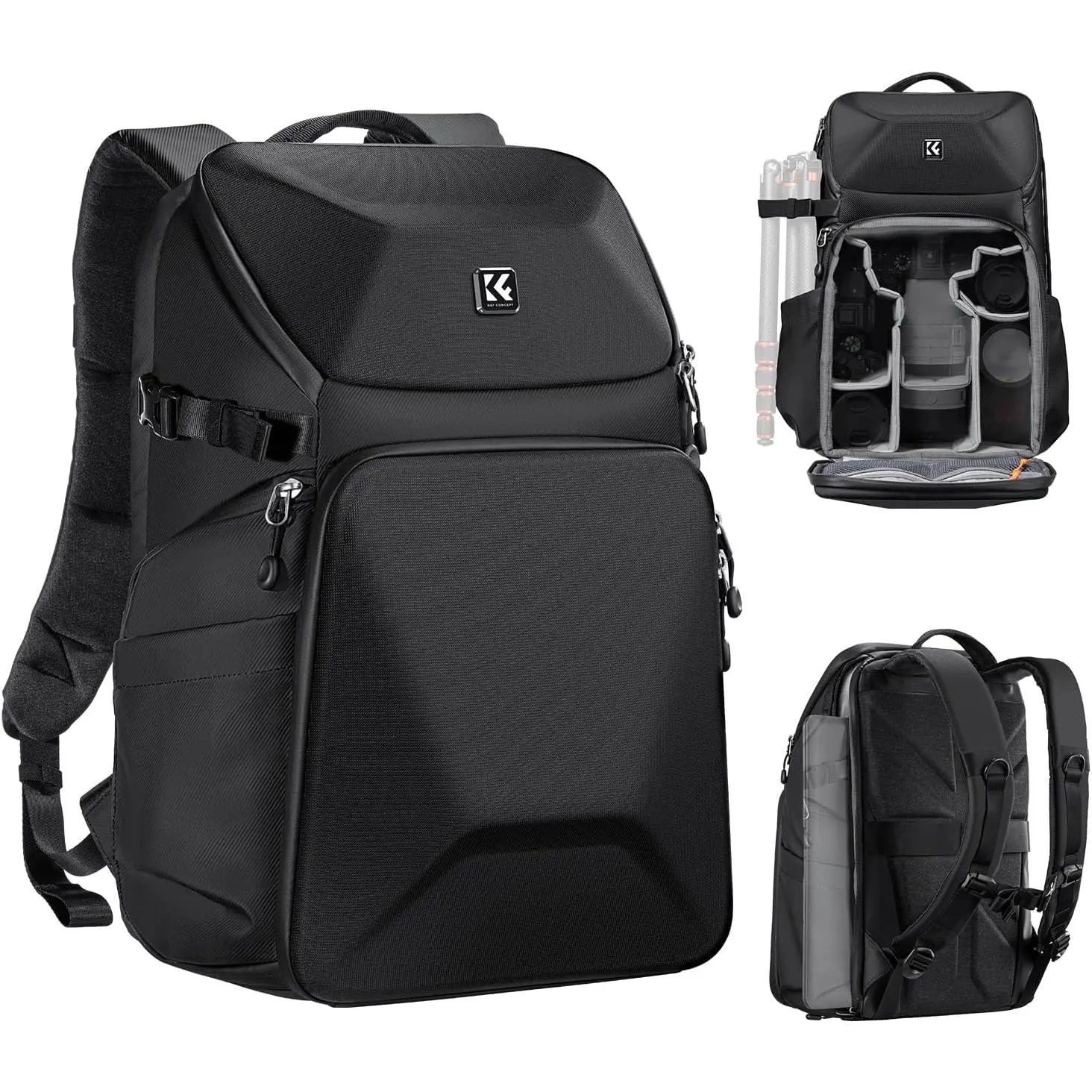 K&F CONCEPT 20L Hard Shell Camera Backpack, Leather Handheld Photography Bag with Adjustable Tripod Holder, Waterproof Laptop Compartment & Protective Case