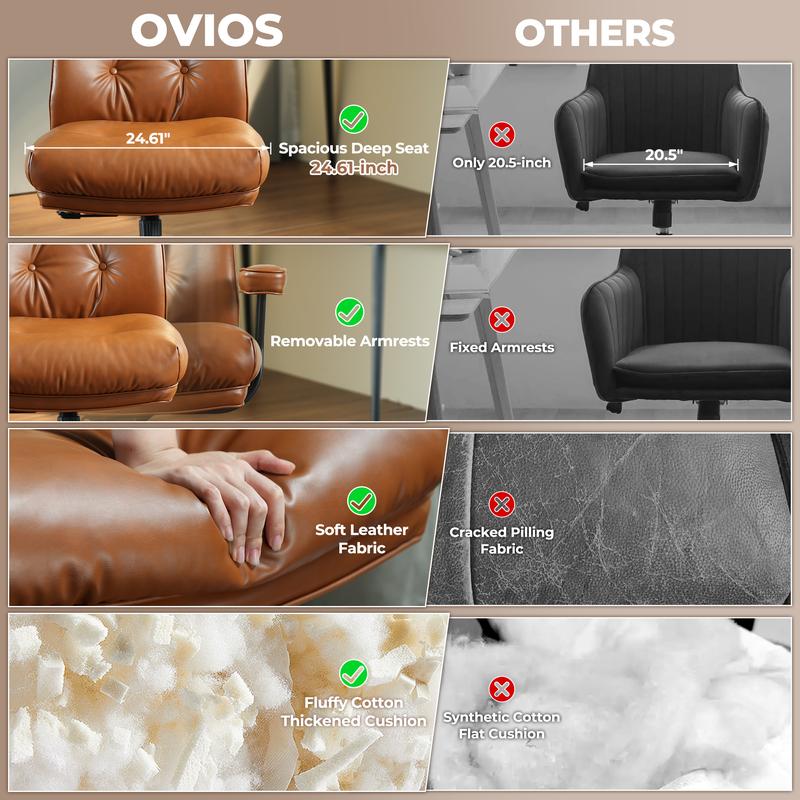 【Jumpstart Sale】Ovios Oversized Home Office Chair, Extra-Wide Seat, Built for Big & Tall Comfort, Mid-Century Modern Faux Leather Chairs with Thickened Cushions, Comfy High Back Swivel Rolling Executive Computer Armchair