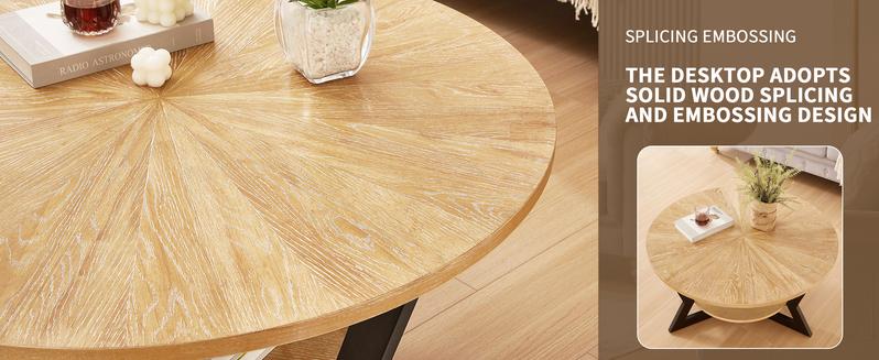 Niccae Modern Coffee Table - Y-Shaped Metal Legs, Wave Texture Wood Top, Organizing Round Table for Small Spaces, Entryway & Bedroom Decor