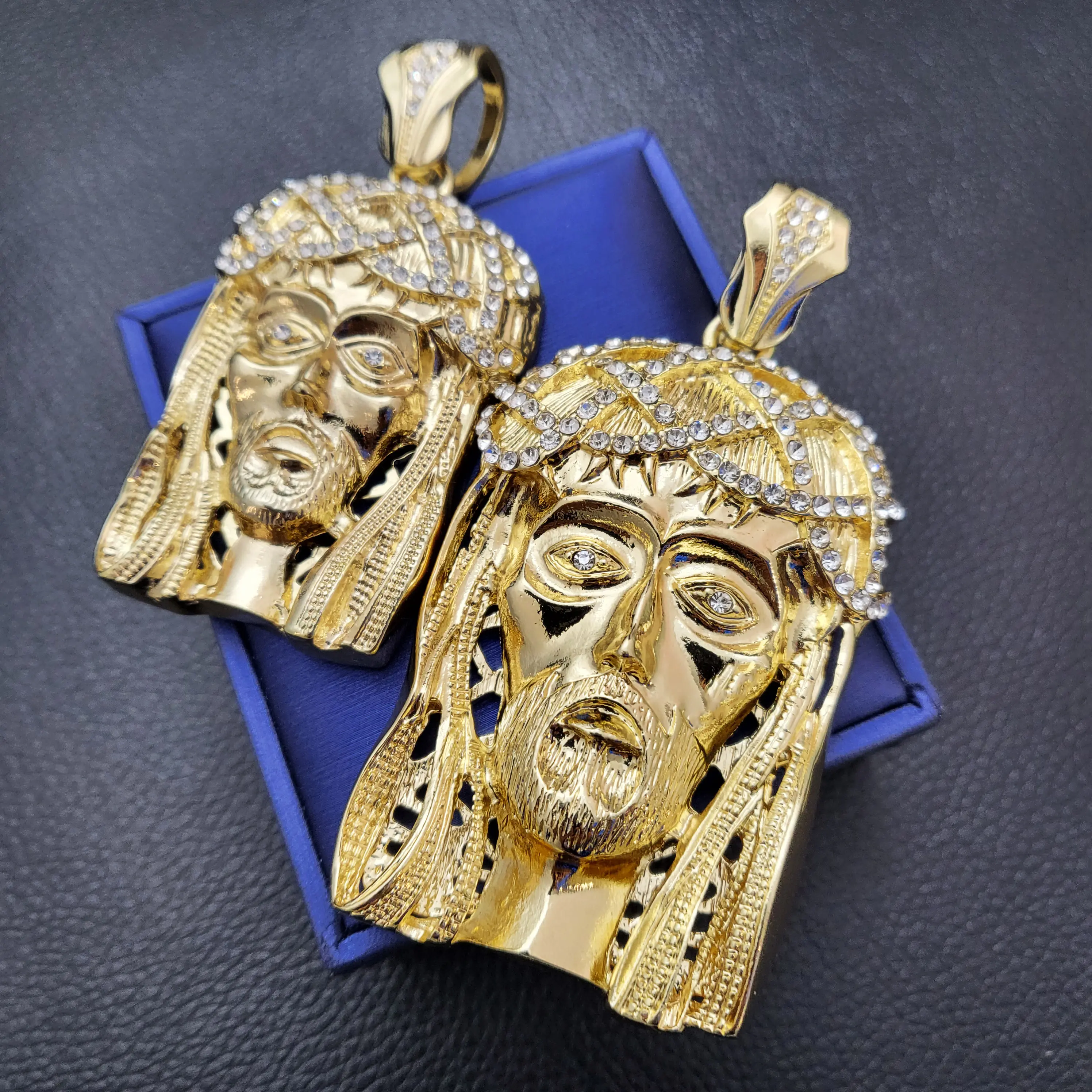 MaxBling81 14K Gold Plated Holy Jesus Christ Head Cross Charm Pendant, Cubic Zirconia Iced, High Quality Polished, Fits Up to 15mm Chain, Cross Pendant