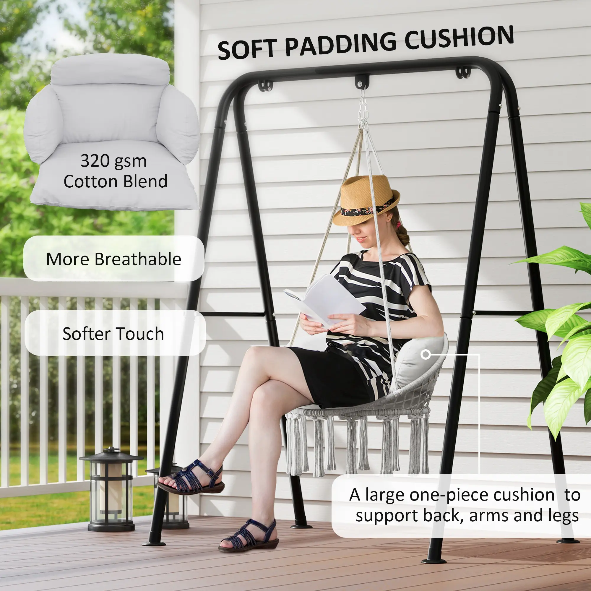 Outsunny Hammock Swing Chair, Outdoor Hanging Chair with Large Cushion, Cotton Rope Weaving Macrame Swing with Chain, 265 LBS Capacity for Indoor, Outdoor, Bedroom, Patio, Balcony, Gray/White/Bule/, Fabric, Adults