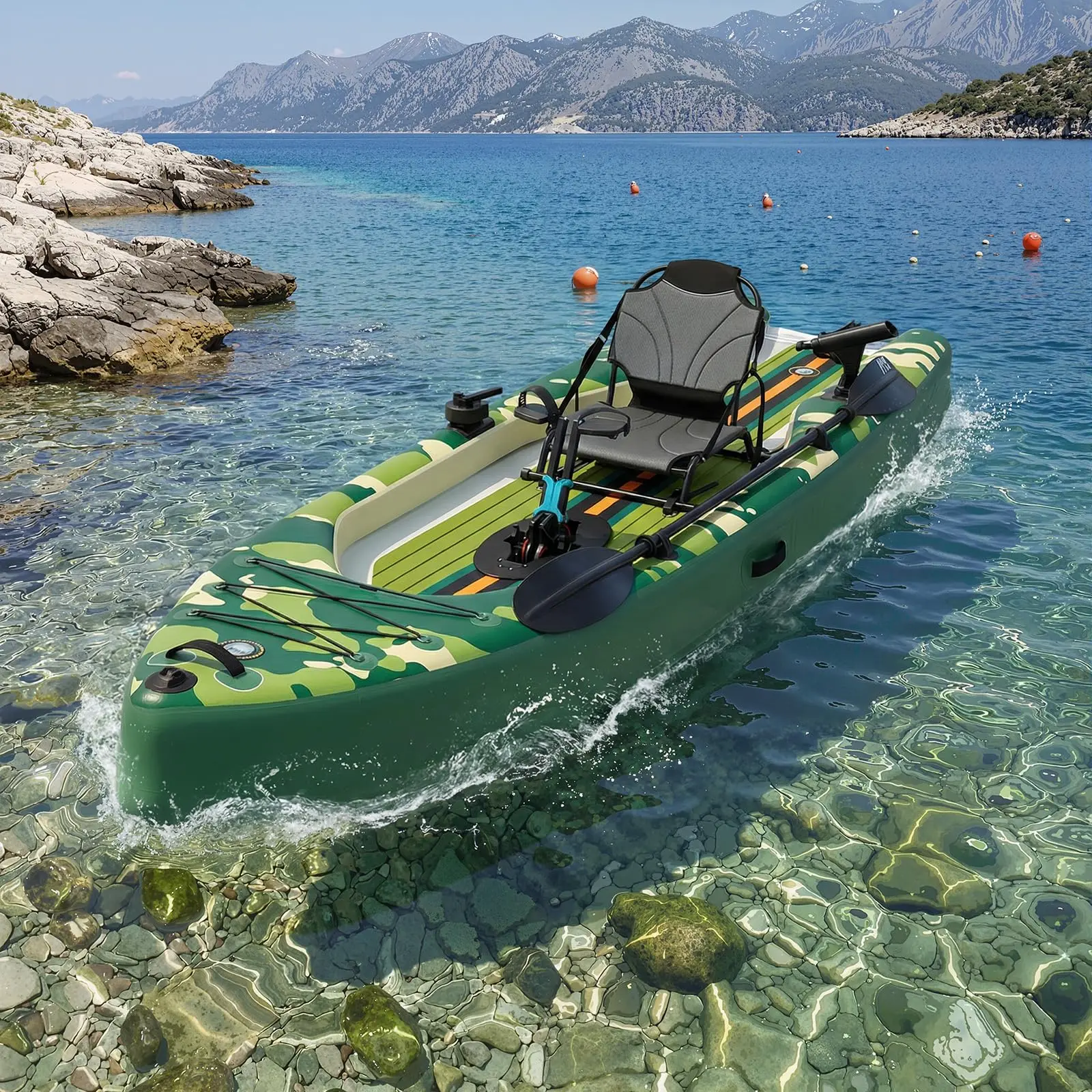 AECOJOY Premium PVC 12ft Inflatable Fishing Kayak, Lightweight Pedal Kayak with Rudder System, Aluminum Seat & All Accessories, HIN Registered