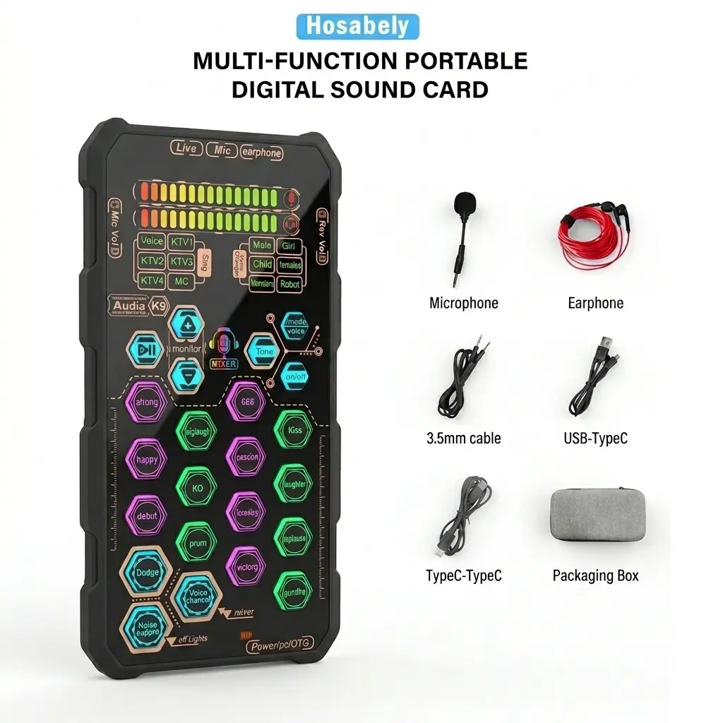 Hosabely SK9 Model Multi-Device Handheld Digital Sound Card Voice Changer, Audio Interface Streaming Equipment Compatible with Cell Phones, PCs, Laptops, Tablets for Live Mic & Synth Effects, Handheld Sound Card
