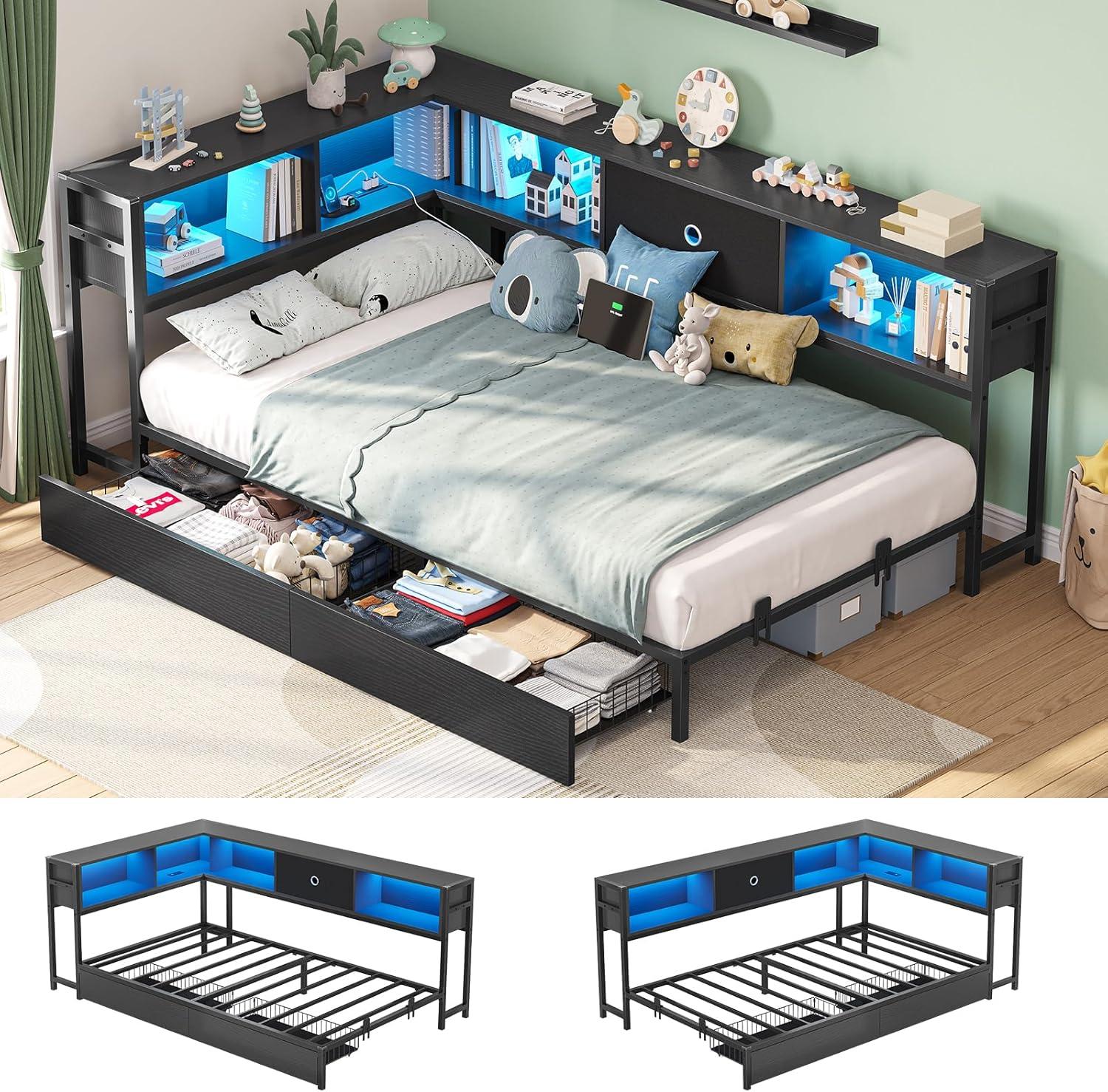 CollaredEagle Twin XL Corner Bed Frame with Storage Bookcase, Kids Bed Unit with Charging Station and LED Light, Twin Size Platform Beds with Storage and Charging Station, with 2 Underneath Drawers CollaredEagle Twin XL Corner Bed Frame with Storage Bookcase, Kids Bed Unit with Charging Station and LED Light, Twin Size Platform Beds with Storage and Charging Station, with 2 Underneath Drawers