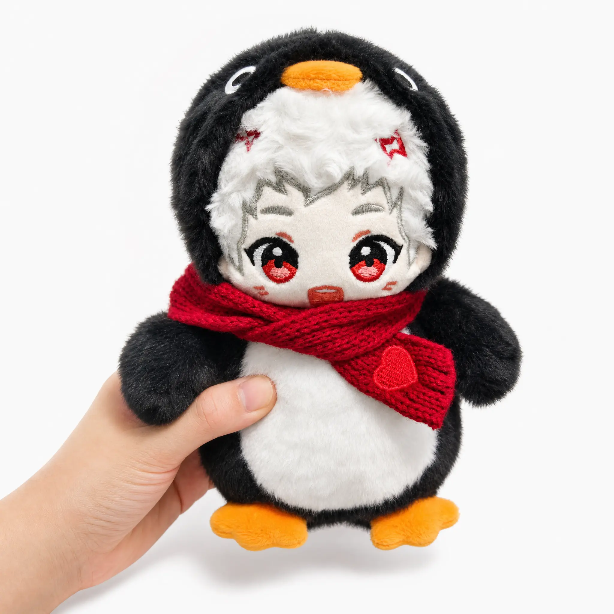 Little GUDU 9-inch/22cm Kawaii Blank Face Meme Expression Penguin Plush Toy - Handmade Heart Embroidery DIY Base, Rosy Blush Fabric, 2 Red Stars Accent, Knit Scarf Compatible, Adult Collectors Desk Decoration (Gudu Family Member)