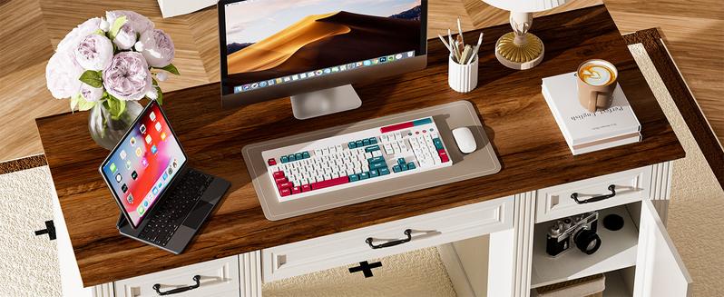 Spurgehom 58 Inch Executive Desk, Farmhouse Style Computer Desk with Drawers & Storage Cabinet, Wooden Home Office Desk Workstation, Study Writing Table for Home Office