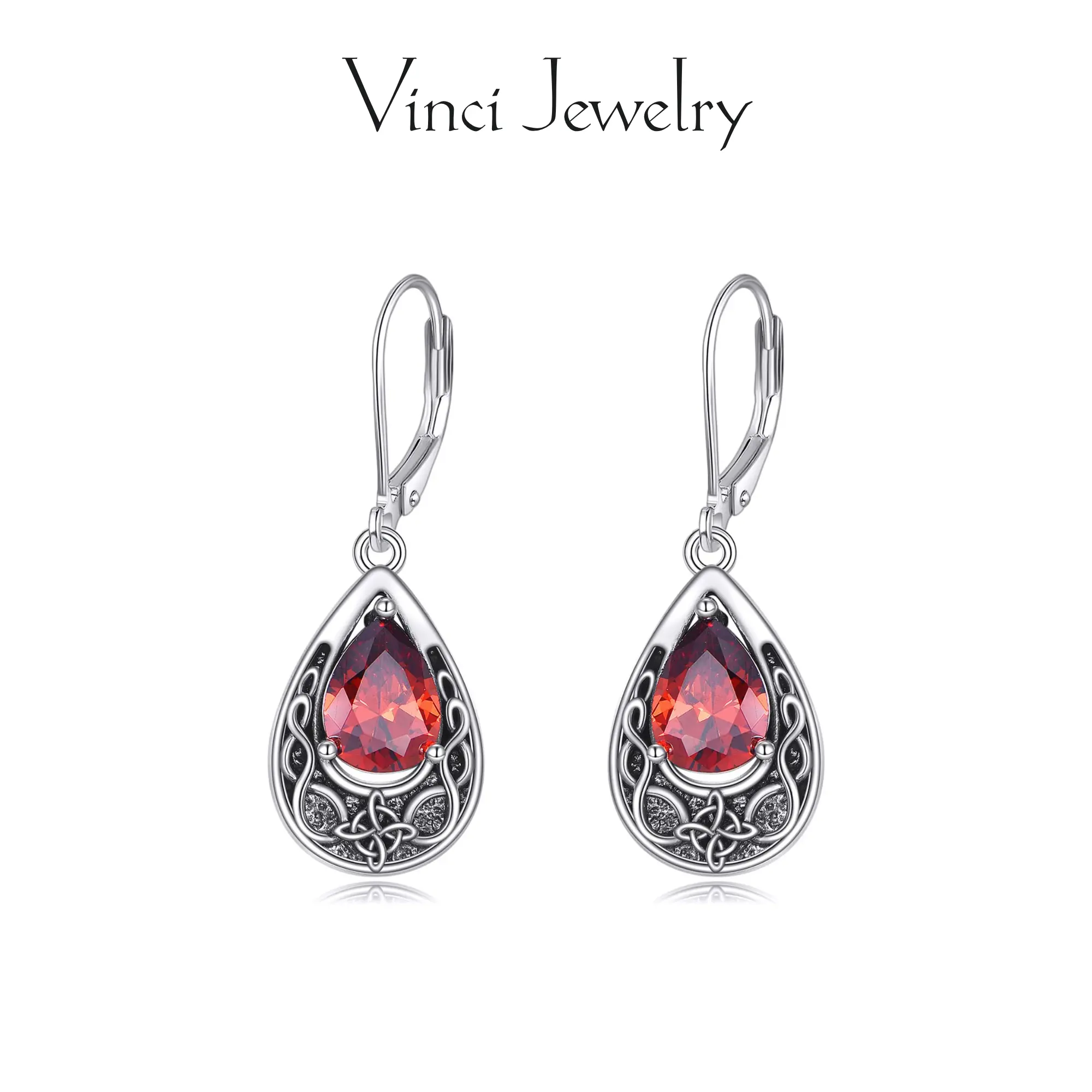 925 Synthetic Ruby Drop Earrings with Celtic Knot Pattern Design and Gothic Style, Red Crystal Pendant Earrings, Protection Hypoallergenic Sterling Silver for Lover, Vintage and Romantic Dangle Ear Jewelry for Women, Perfect for Daily and Party