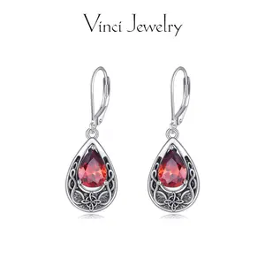 925 Synthetic Ruby Drop Earrings with Celtic Knot Pattern Design and Gothic Style, Red Crystal Pendant Earrings, Protection Hypoallergenic Sterling Silver for Lover, Vintage and Romantic Dangle Ear Jewelry for Women, Perfect for Daily and Party