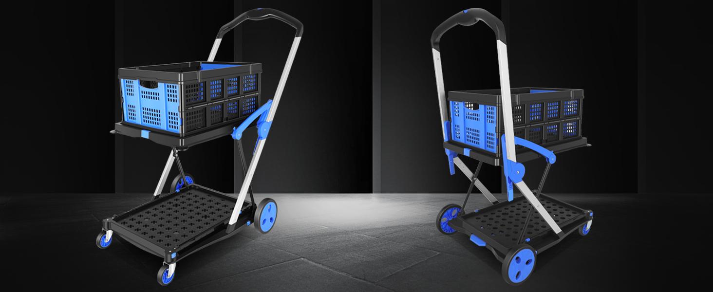 Collapsible Shopping Cart - 2-Tier Multi-Use Functional Portable Folding Food Cart with Wheels & Removable Basket Carries,2 baskets included, Adjustable Foldable rolling trolley for home, grocery, supermarket. Lightweight, BlackFriday