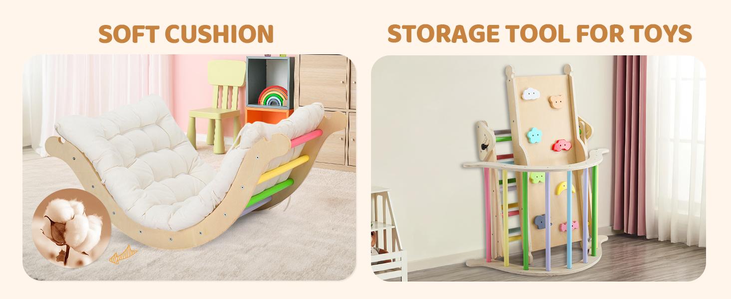 JOYMOR 9-in-1 Pikler Triangle Set with Cushion (Large), Montessori Wooden Climbing Set for Toddlers with Colorful-Patterns Rocks, Seesaw, Arch, Foldable Ladder, Ramp, Toddler Climbing Toys Indoor
