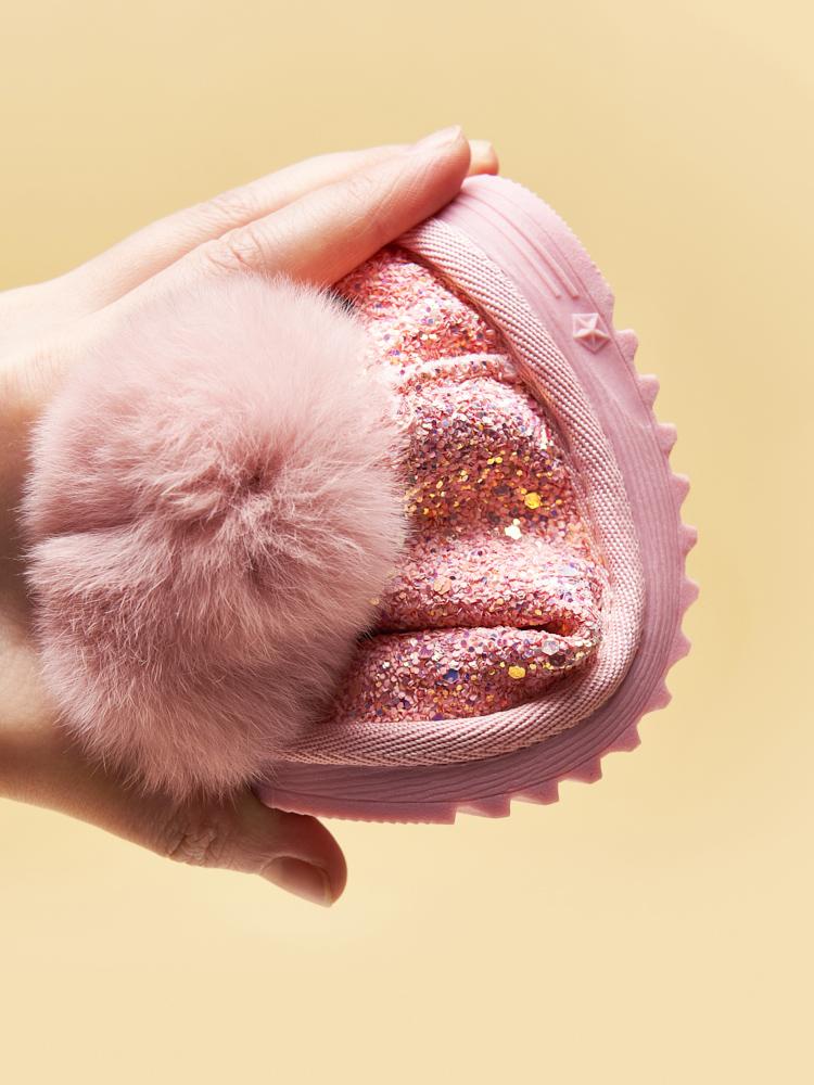 Baby Girl Sparkly Snow Boots with Fleece-Lined Thickened Soft Sole, Glittery Pink Low-Top Winter Shoes with Heart Pom-Poms & Closure for Toddlers Infants Outdoor Play, Cute Cartoon Pattern Winter Boots zipper