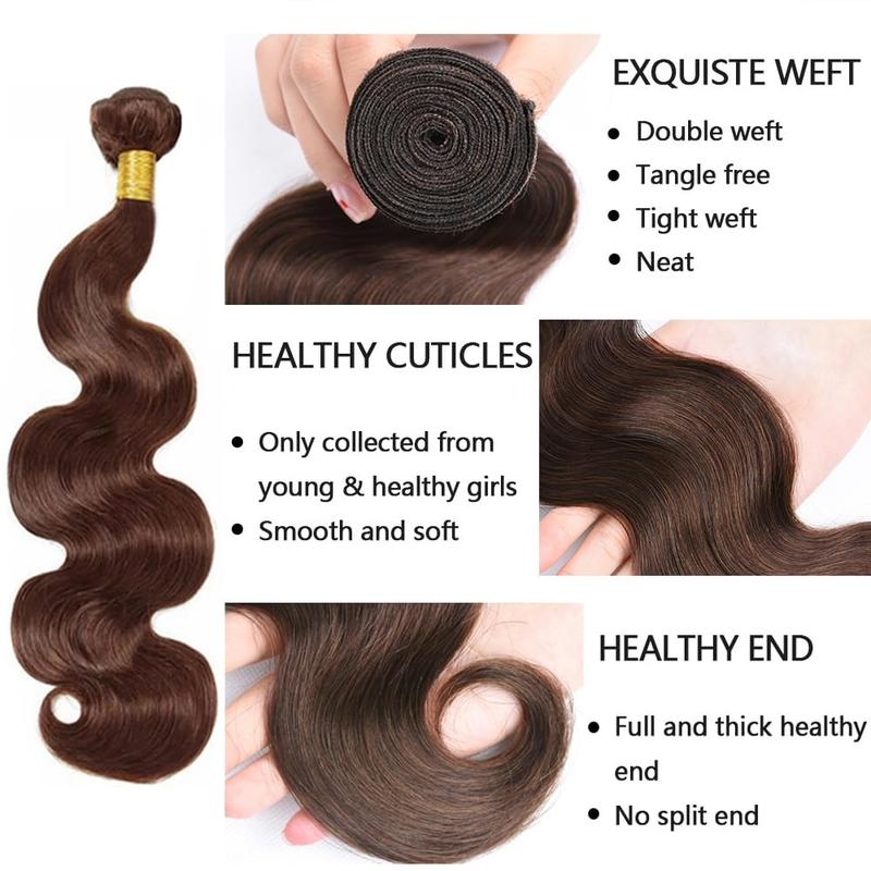 Chocolate Brown Bundles Glossy Hair Bundles Brazilian Body Wave Bundles with Lace Frontal Raw human hair bundles 100% Unprocessed Brazilian Virgin Hair Bundles Quick Weave Hair Extension Outdoorfun Wig deals for you days