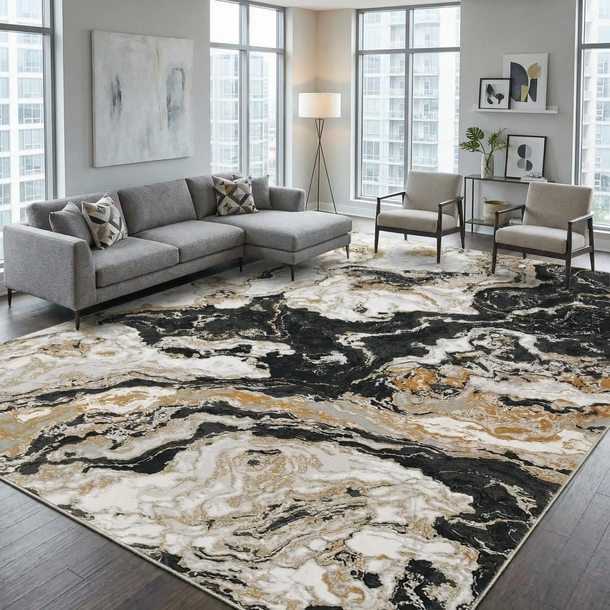 10'x13' Extra Large Washable Rug, Abstract Marble Area Rug for Large Living Room, Non-Slip Foldable Carpet, Modern Indoor Floor Cover for Master Bedroom, Black