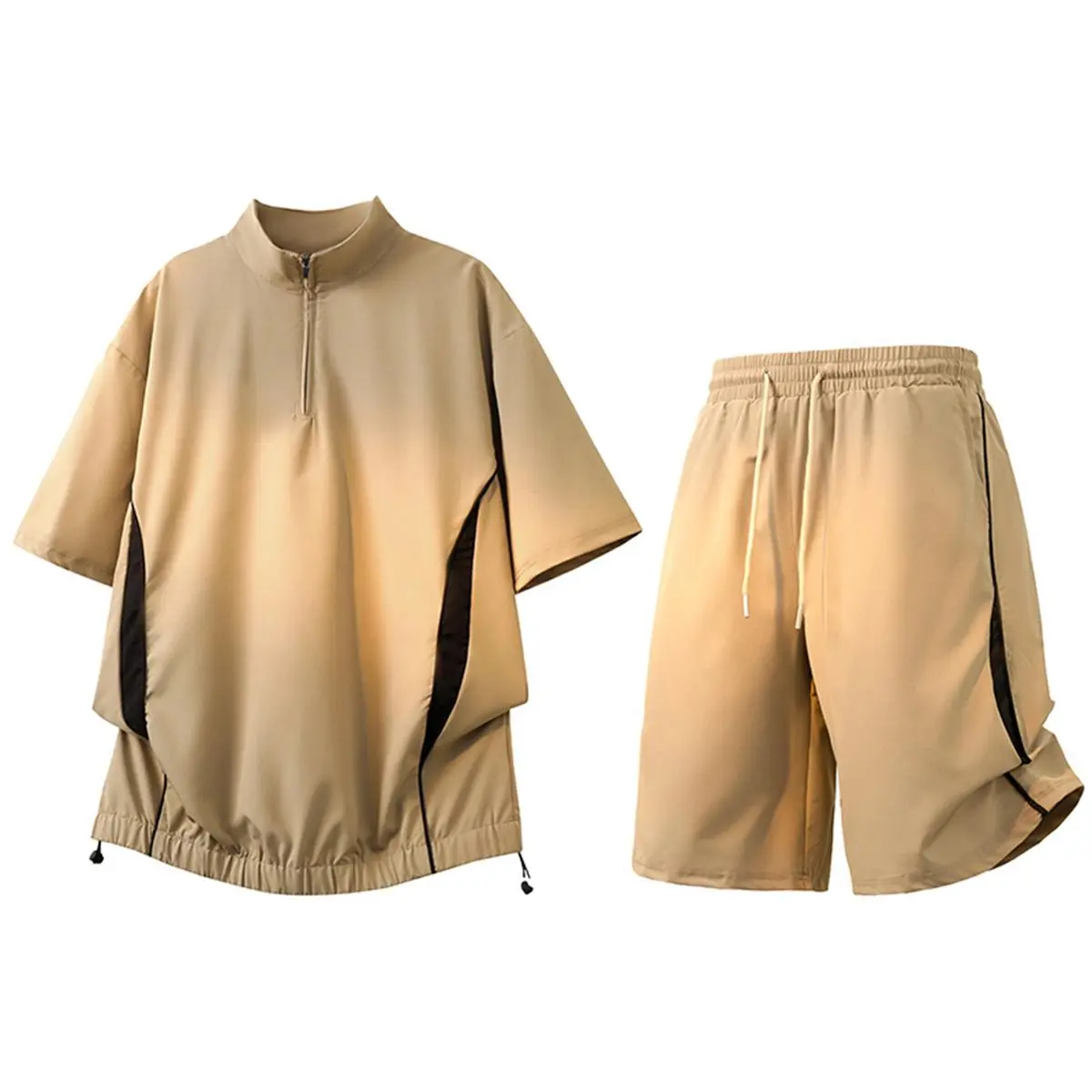 Men's Solid Windbreaker Set, Relaxed Fit Half-Zip Pullover, Water-Repellent & Packable Menswear Basics, Shorts, Casual, Matching Set, Chic, Elastane, Plain, Outdoor, Clothes, Outfit Sets, Polyester Blend