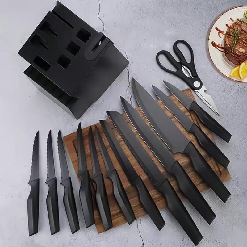 15-Piece Kitchen Knife Set: Solid Wood & Plastic Knife Block, Including Chef's Knife, Japanese-Style Knife, Meat/Vegetable Knife, Chicken Bone Knife, German-Style Steak Knife. Multi-Color Stainless Steel, Ideal for Home Storage & Gifting. Silicone Cutting