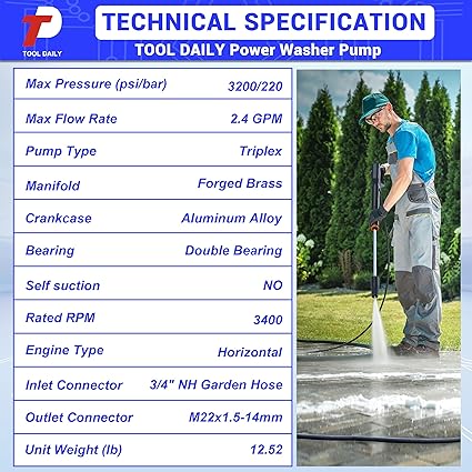 Tool Daily Horizontal Triplex Pressure Washer Pump Replacement for Simpson 90036 MSH3125 Honda GC190 GX200 GX160