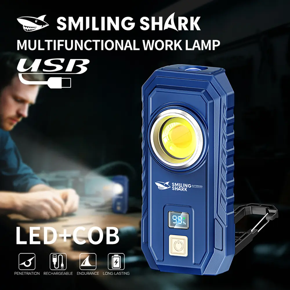 【GZ-5126】SmilingShark Bright Rechargeable Flashlight, Built-in 2400mAh Batteries, 6-Mode Type-C Rechargeable, 180° Adjustable White/Yellow COB Floodlight Work Lamp with Hook, 1-2h Endurance, 3 Weeks Standby, Outdoor Camping Light (1 Month Warranty), Batte