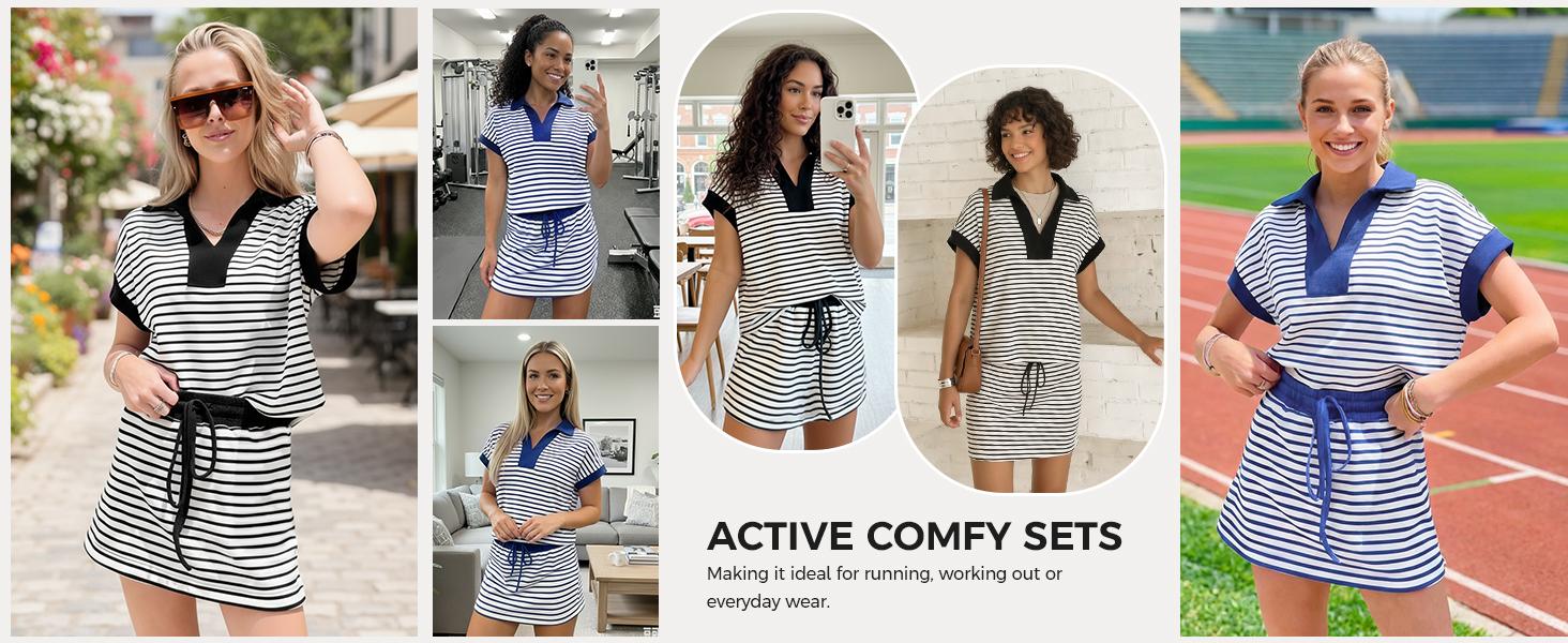 Fisoew Striped 2 Piece Outfits Casual Sweatshirt Skirt Set Long Sleeve Skort Workout Set Matching Lounge Sets Women's Matching Sets Women #Springtok #TikTokShopHolidayHaul #TikTokShopJumpstartSale Fabrics Elastic two piece set Elegance Shorts