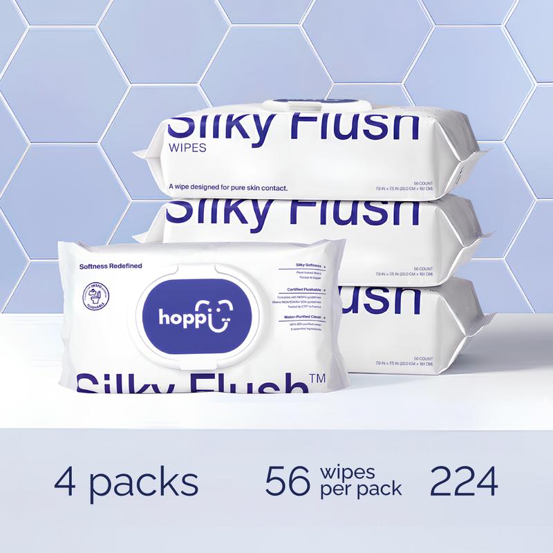 Hoppi Flushable Baby Wipes, 99% water content, hypoallergenic, suitable for sensitive skin, plant-based formula, fragrance-free, safe for sewers and septic systems, silky smooth and easy-to-flush toilet training wipes for toddlers (224 wipes, 4 packs)